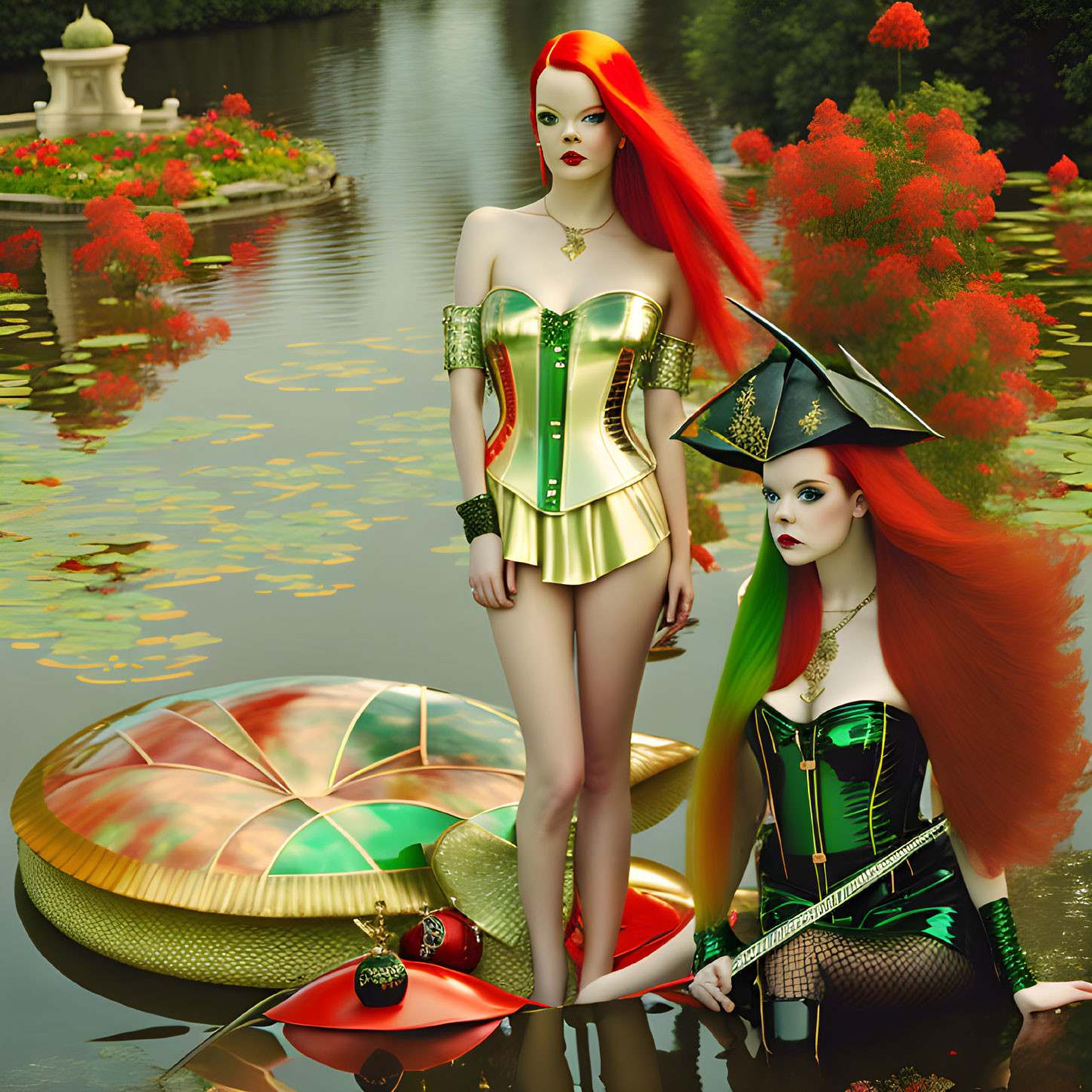 Two Women in Red Corset Dresses with Oversized Mushrooms in Fantasy Garden