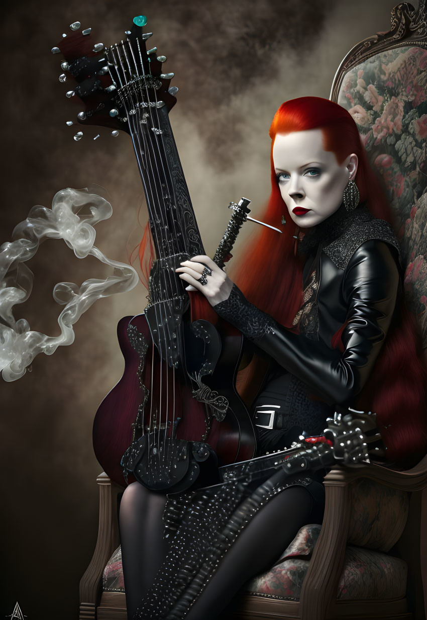 Stylized illustration of woman with red hair playing multi-necked guitar in gothic attire