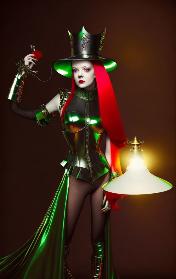 Avant-garde woman in green and black corset with lamp and heart-shaped object
