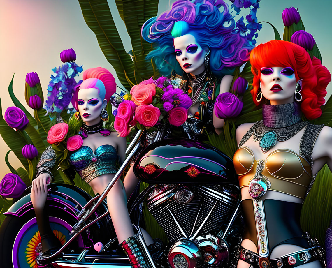 Colorful female figures with elaborate makeup and hairstyles posing with a motorbike in a floral backdrop