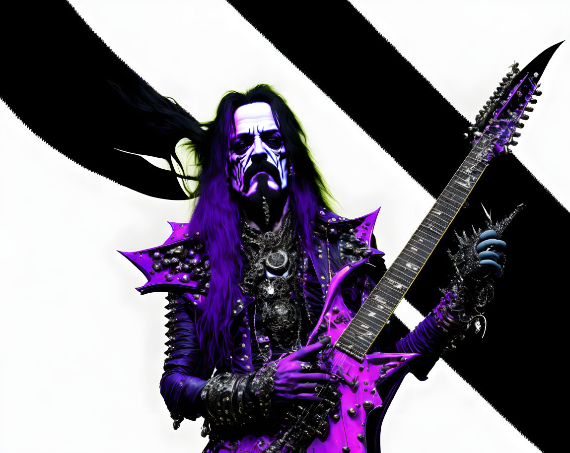 Skeletal face painting person playing double-neck guitar in metal attire