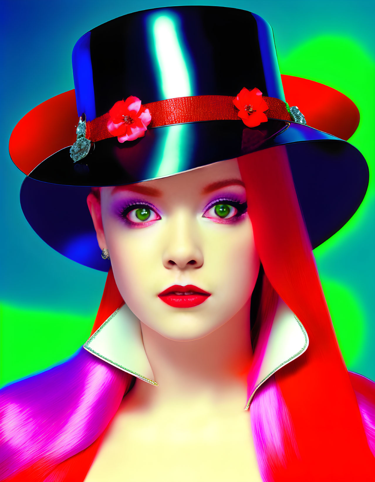 Vivid portrait of person with red hair, green eyes, black hat with red flowers, multicol