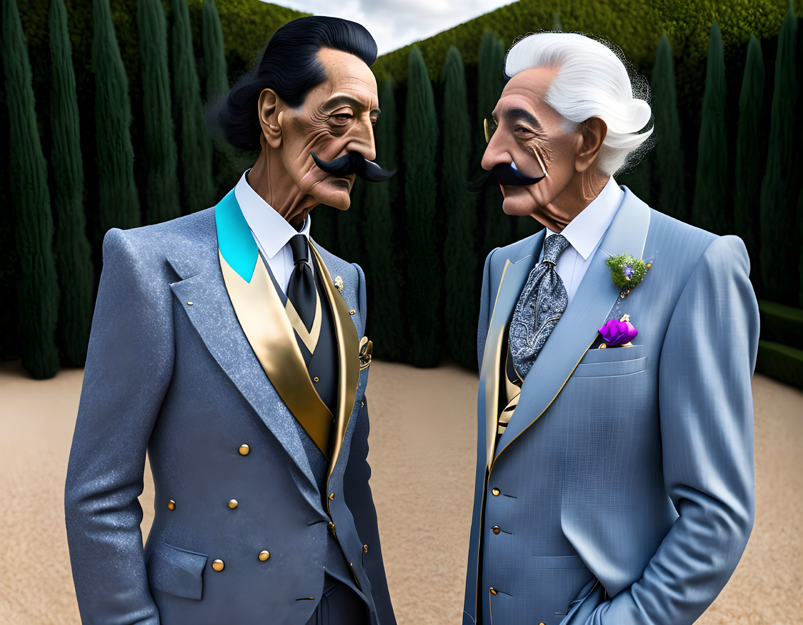 Stylized animated characters of sophisticated gentlemen with exaggerated facial features in a hedge background