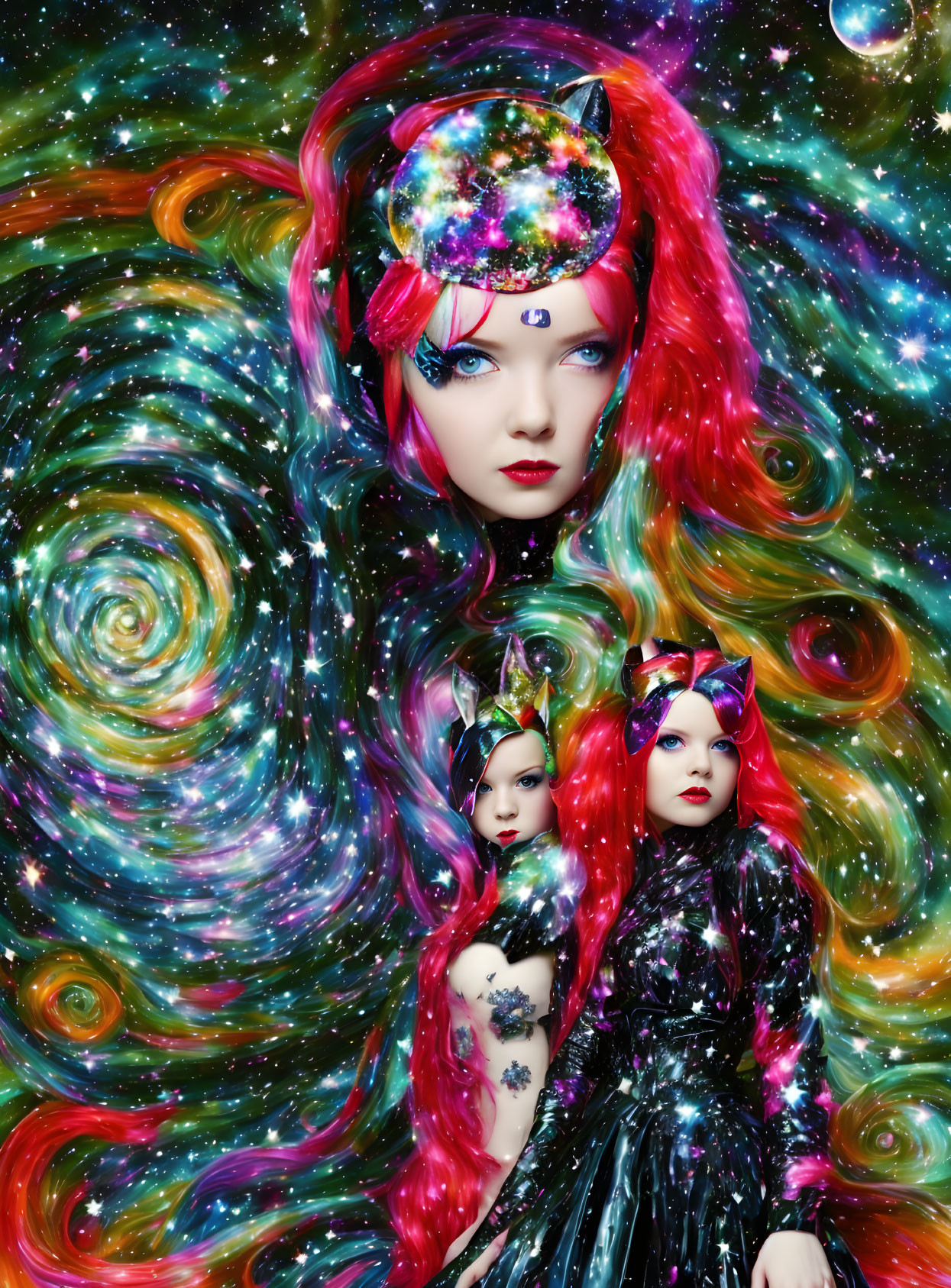 Vivid red hair figures in cosmic-themed attire against galaxy backdrop