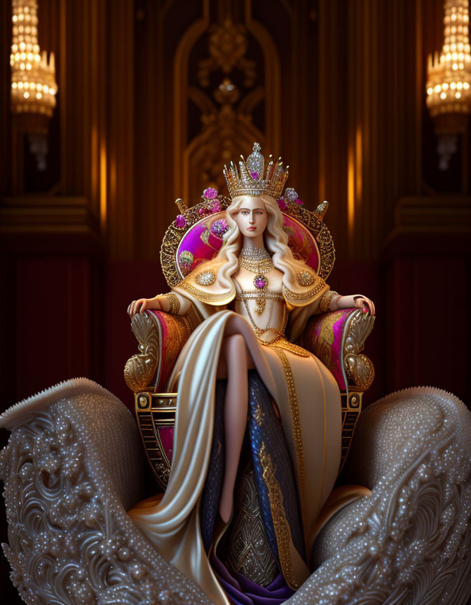 Regal animated queen on throne in luxurious room