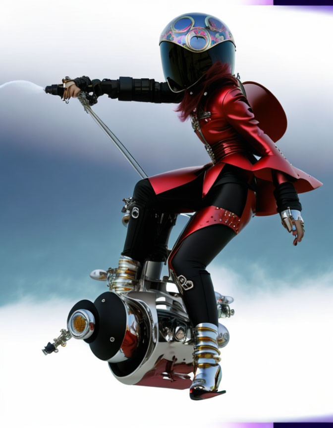Pink-haired character on futuristic motorcycle with vibrant helmet