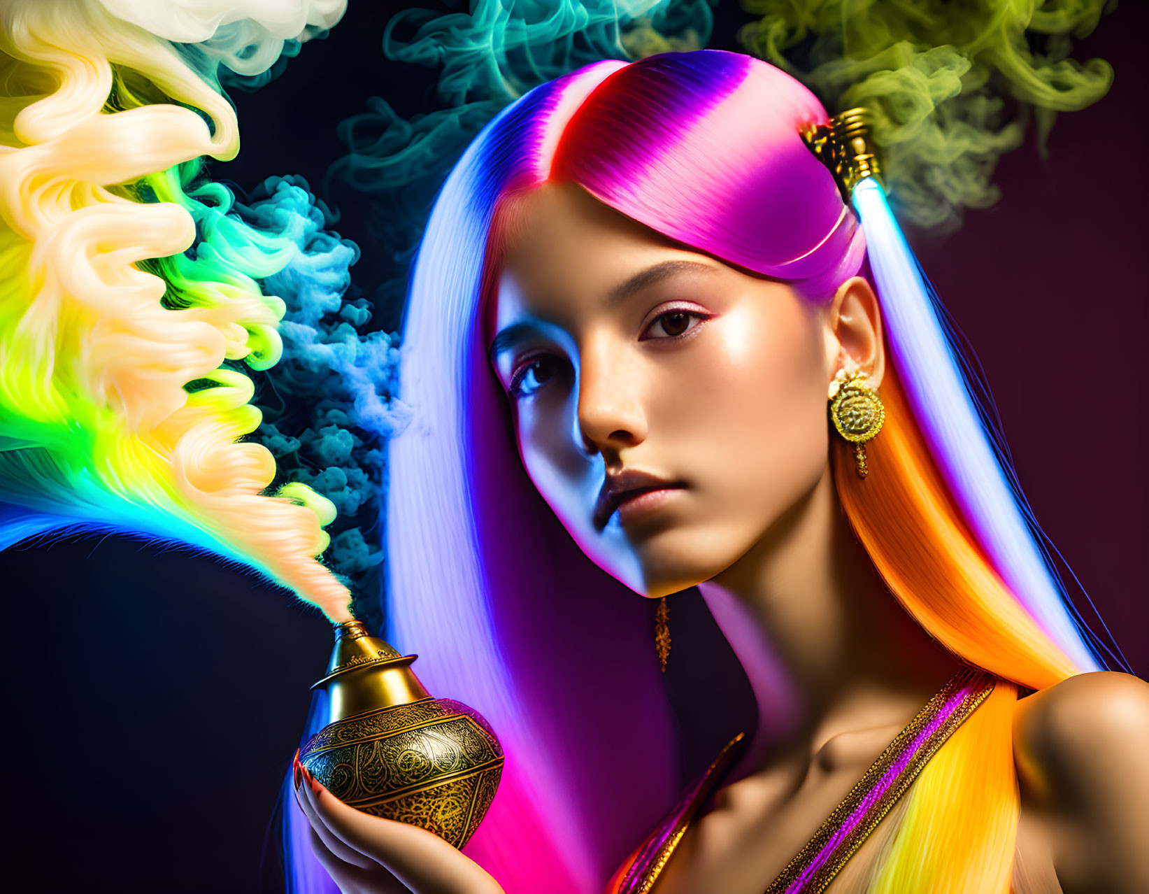 Vibrant rainbow-haired woman holding gold jar emitting multicolored smoke