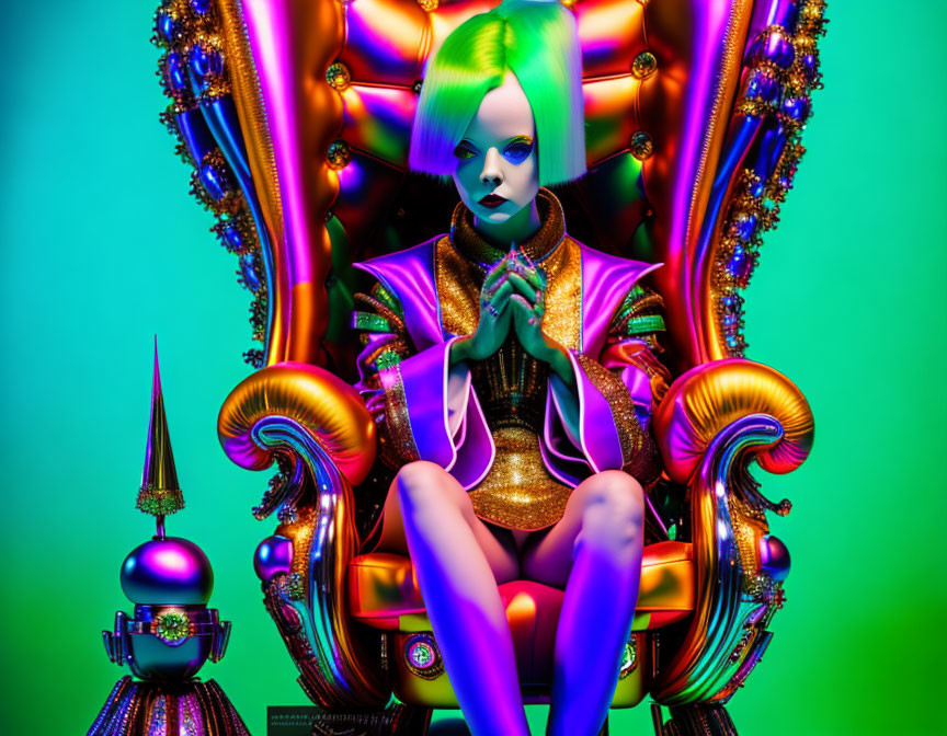 Green-haired person in futuristic makeup on ornate chair against colorful background
