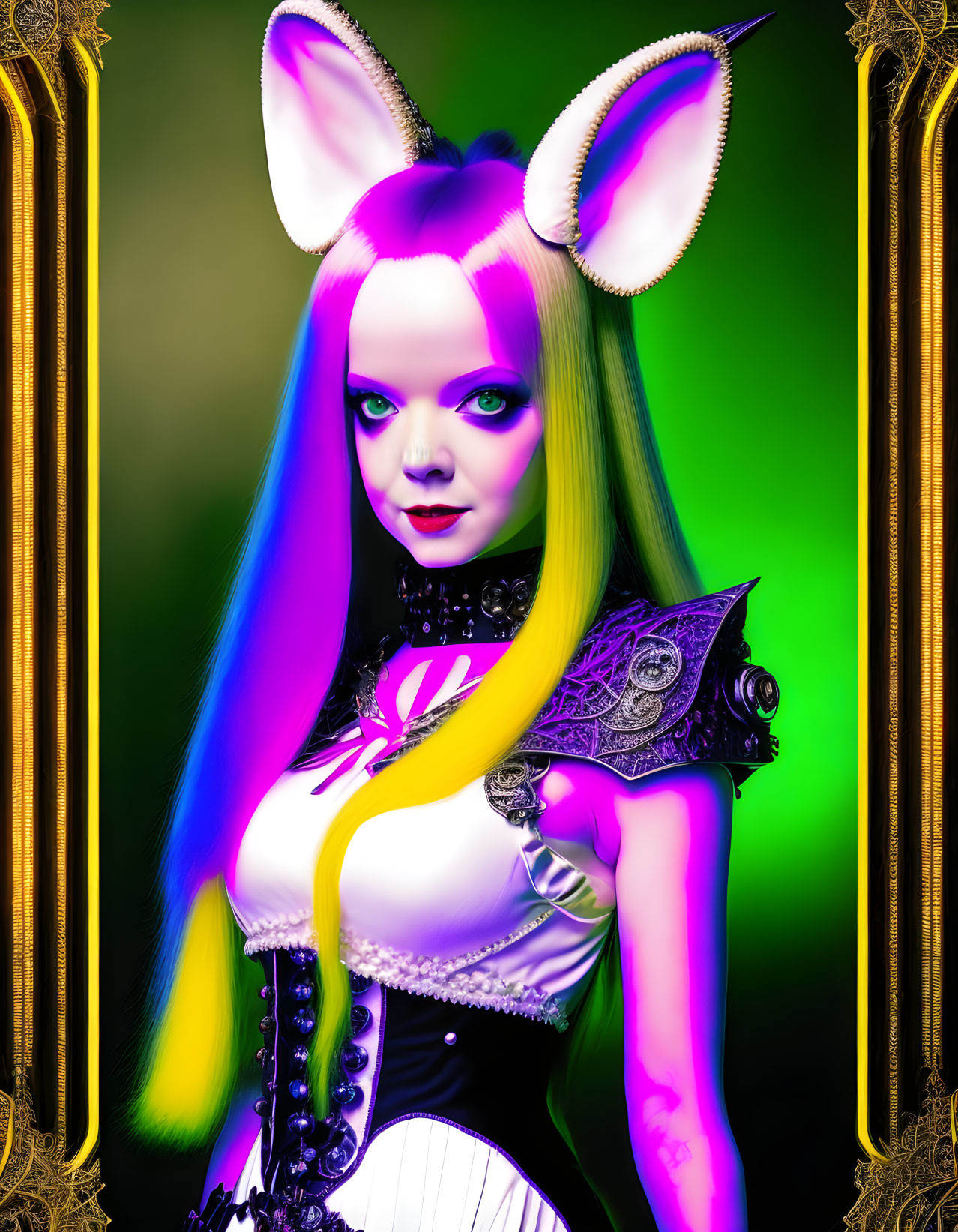 Vibrant digital portrait of a female figure with bunny ears and multicolored hair