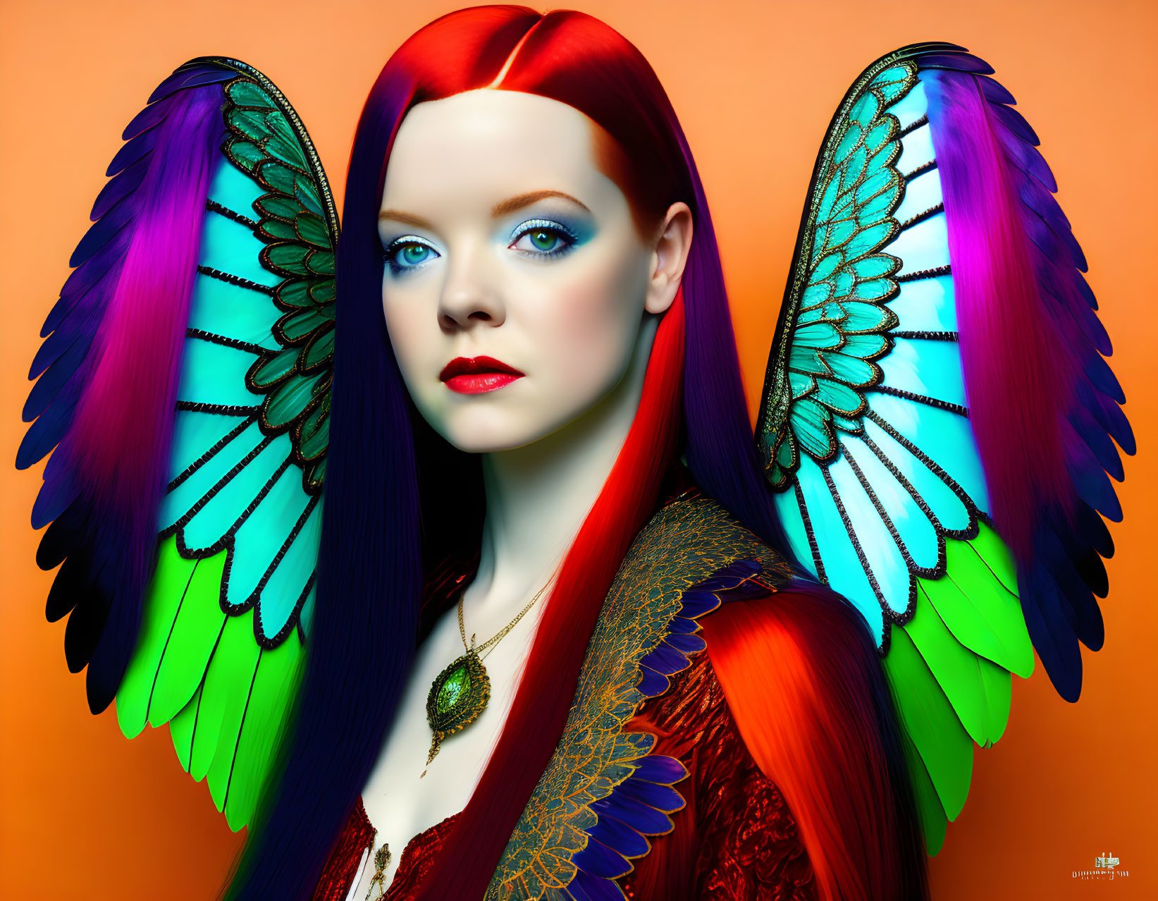 Colorful Butterfly-Winged Woman on Orange Background