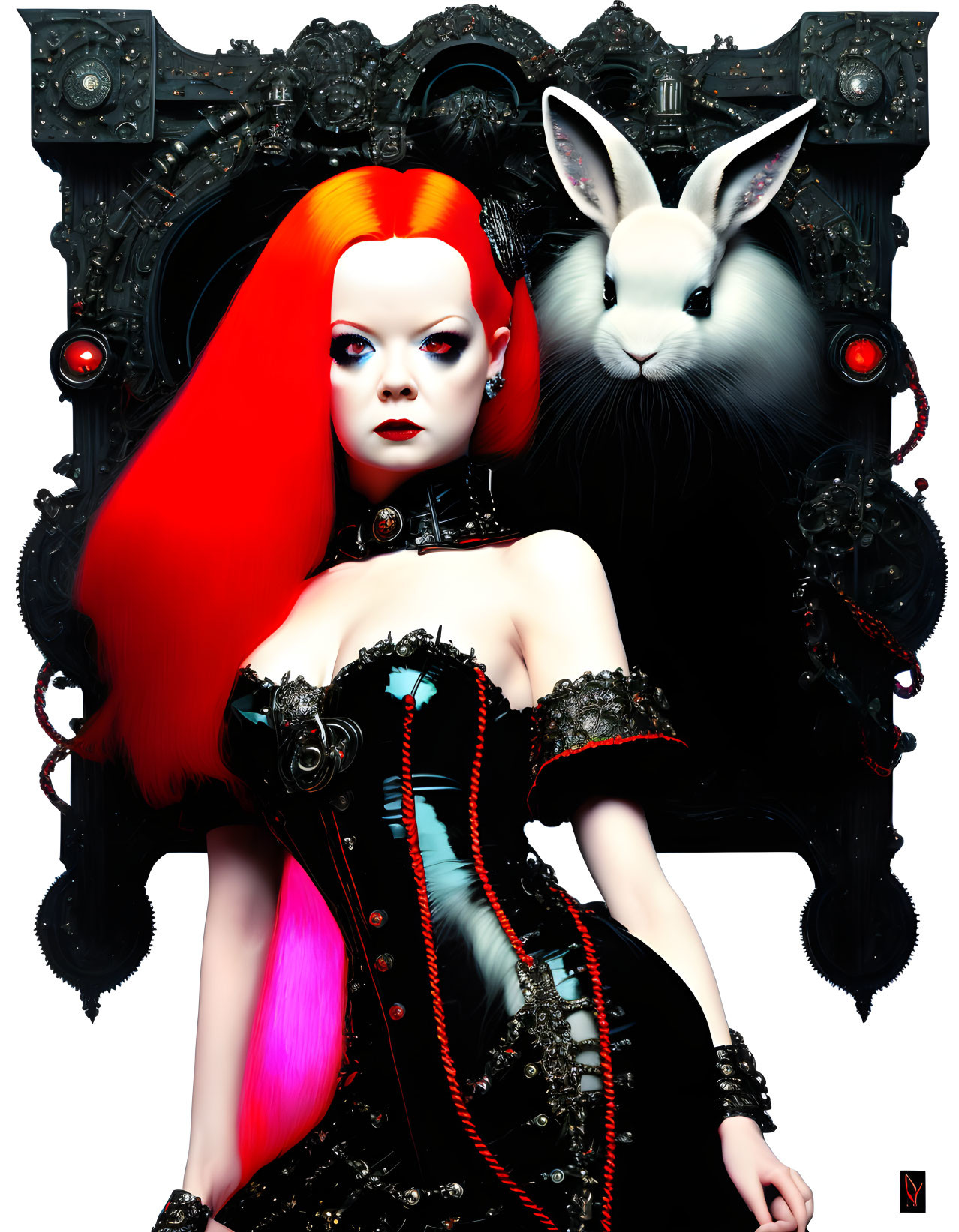 Stylized woman with red hair in gothic attire beside white rabbit