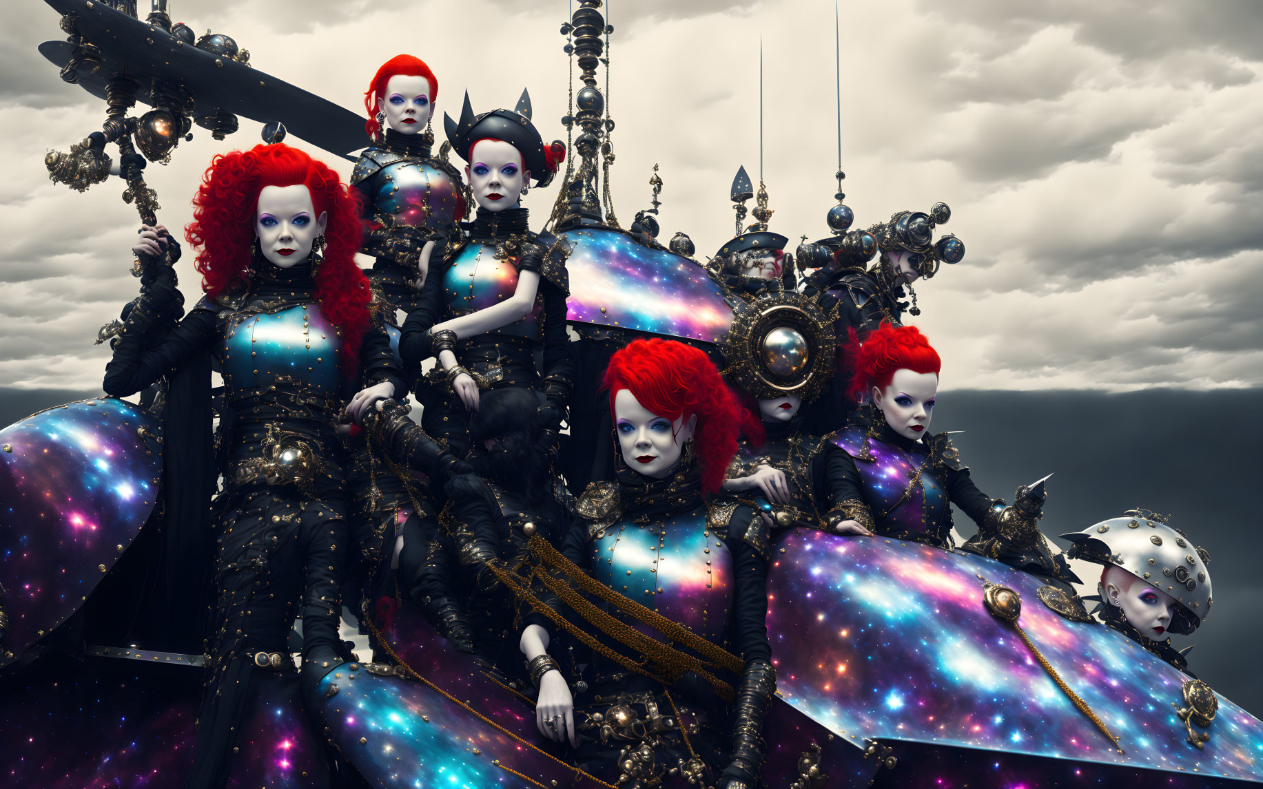 Futuristic space-themed armor makeup against stormy sky