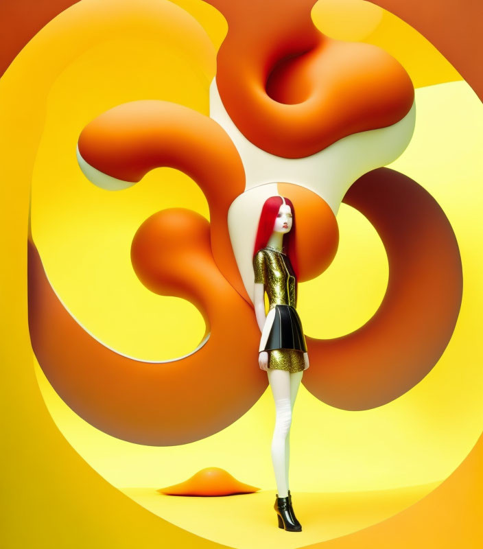 Red and white hair female model poses with orange and white numeral "3" shapes on yellow background