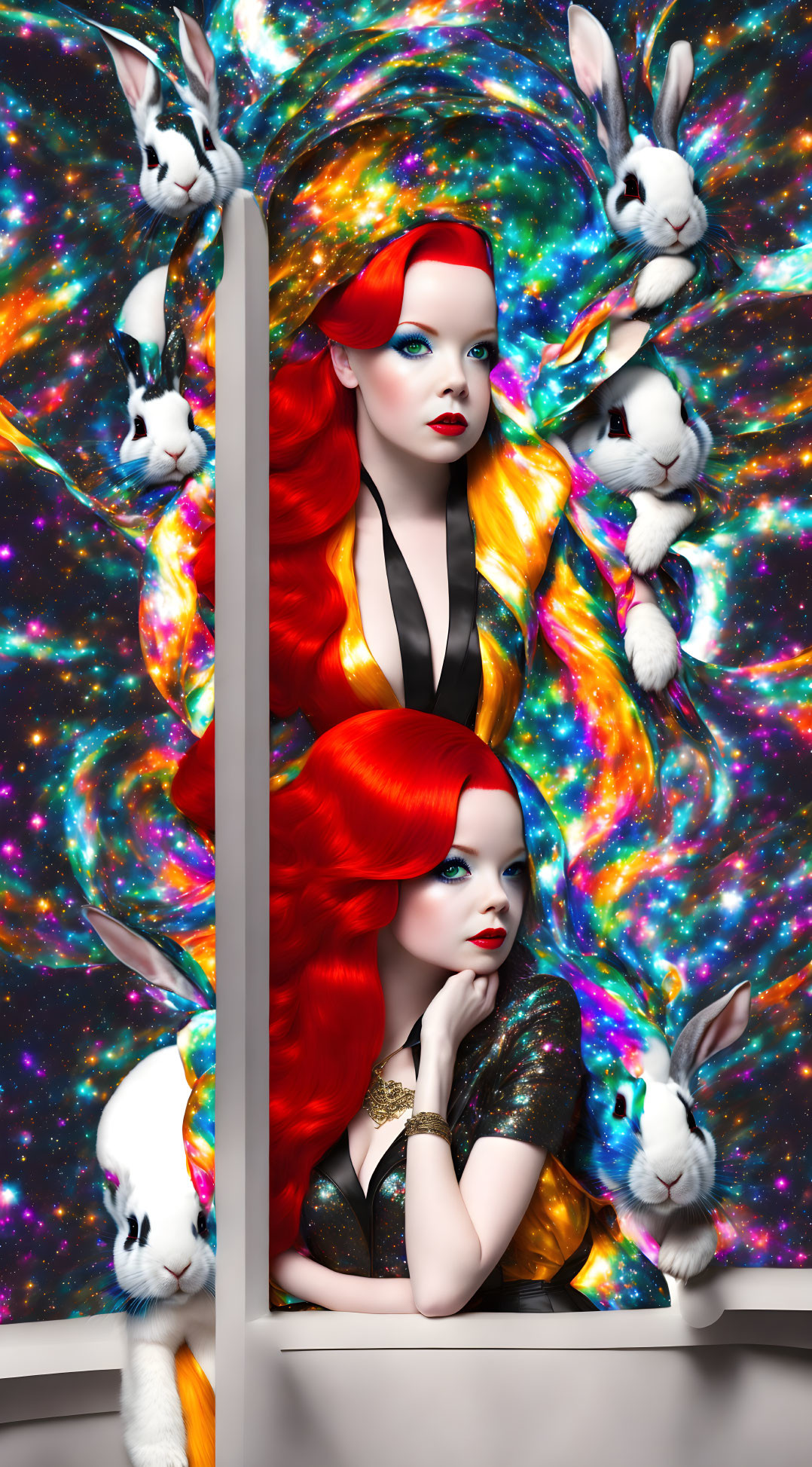 Vibrant image: Red-haired twin women with colorful makeup and white rabbits in cosmic setting