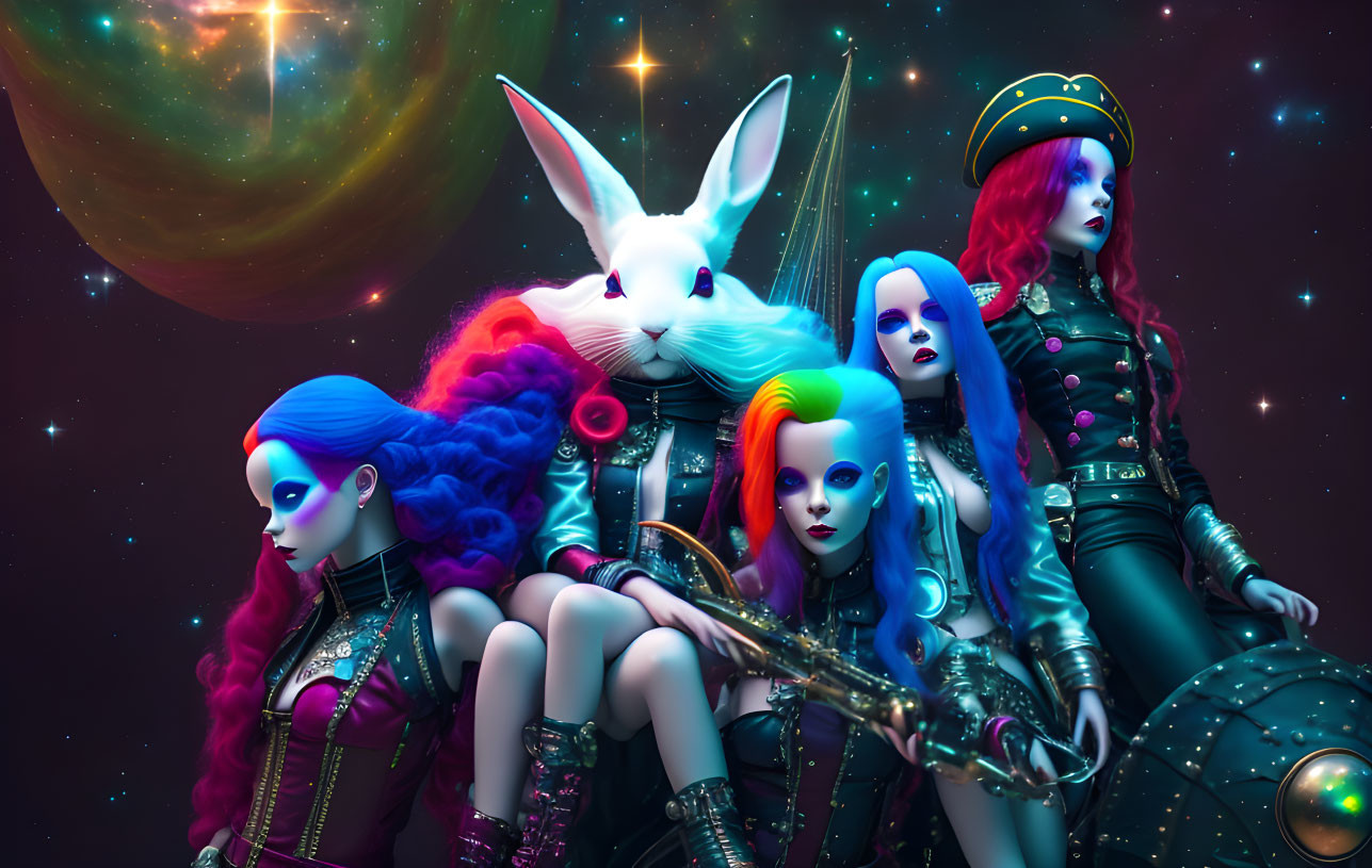 Colorful futuristic image featuring anthropomorphic rabbit and four women in combat attire against cosmic backdrop