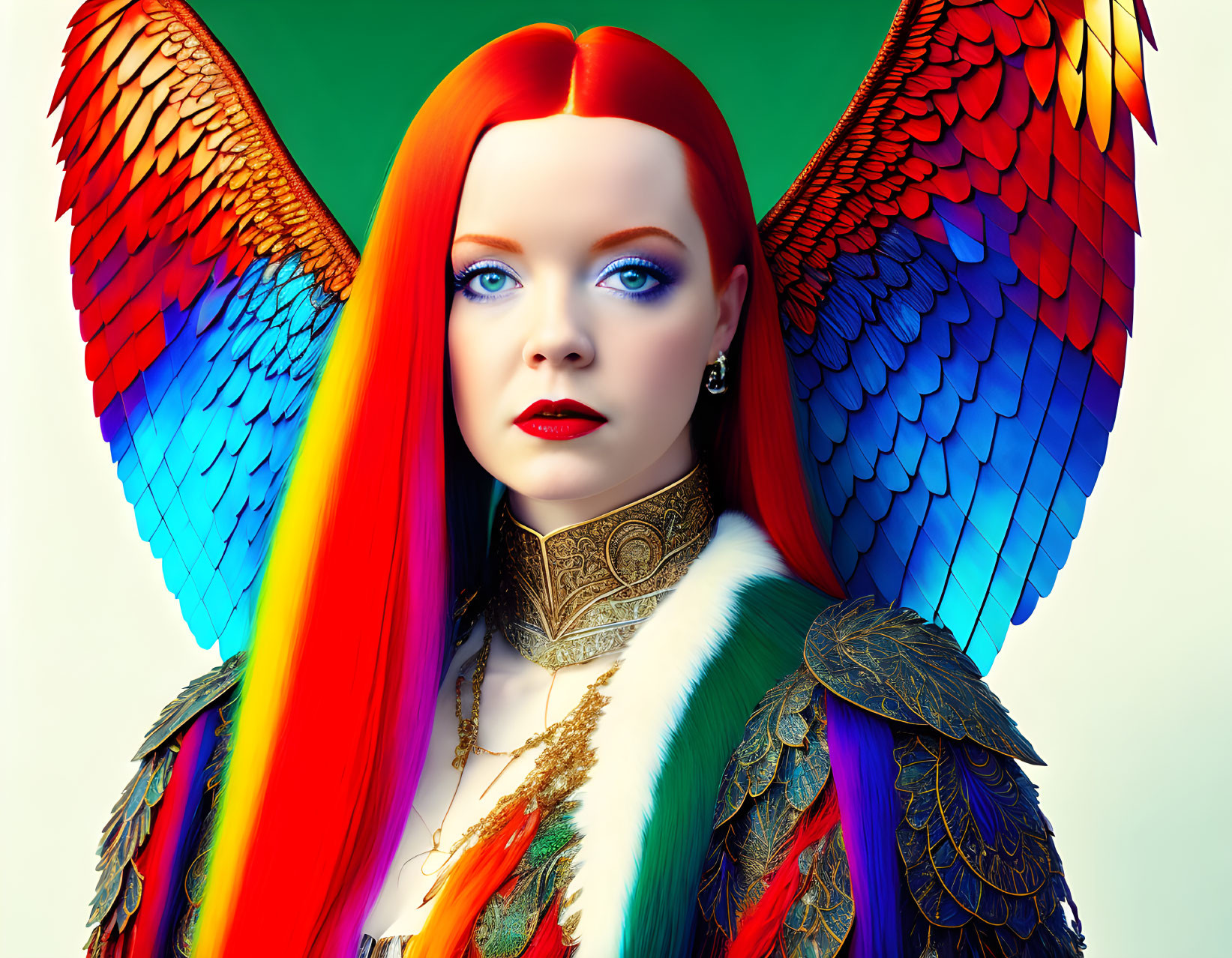 Woman with Rainbow Hair and Bird Wings in Intricate Clothing