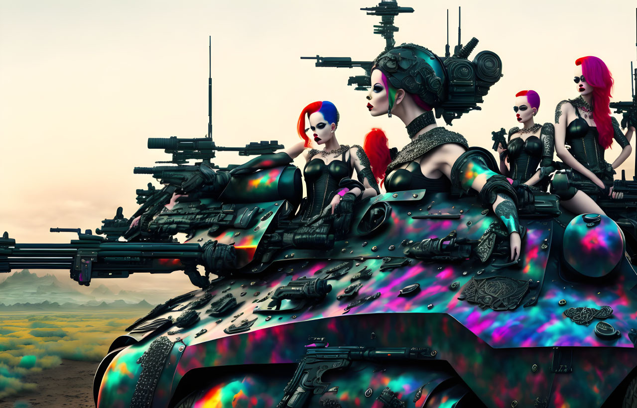 Futuristic cyberpunk artwork: Three females with unique hairstyles on iridescent tank.