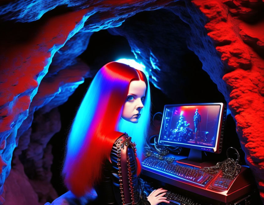 Woman with red and blue hair in cave with futuristic computer graphics