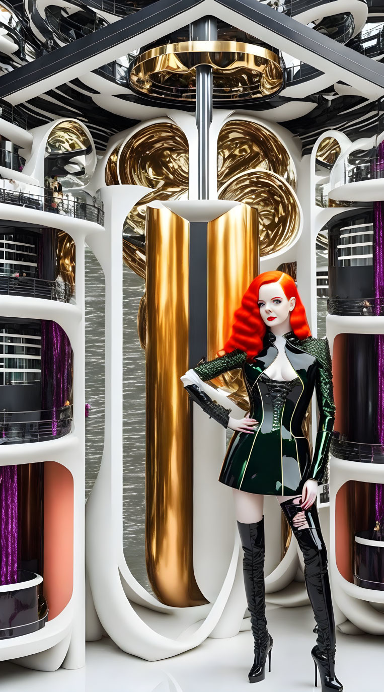 Stylized woman with red hair in green corset in futuristic interior
