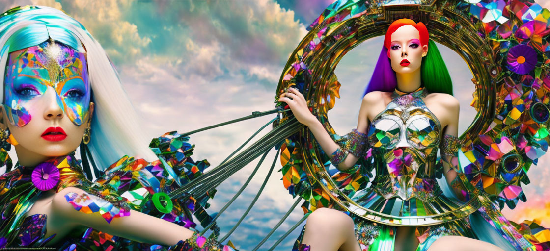 Abstract Setting: Futuristic Women with Colorful Hair and Makeup