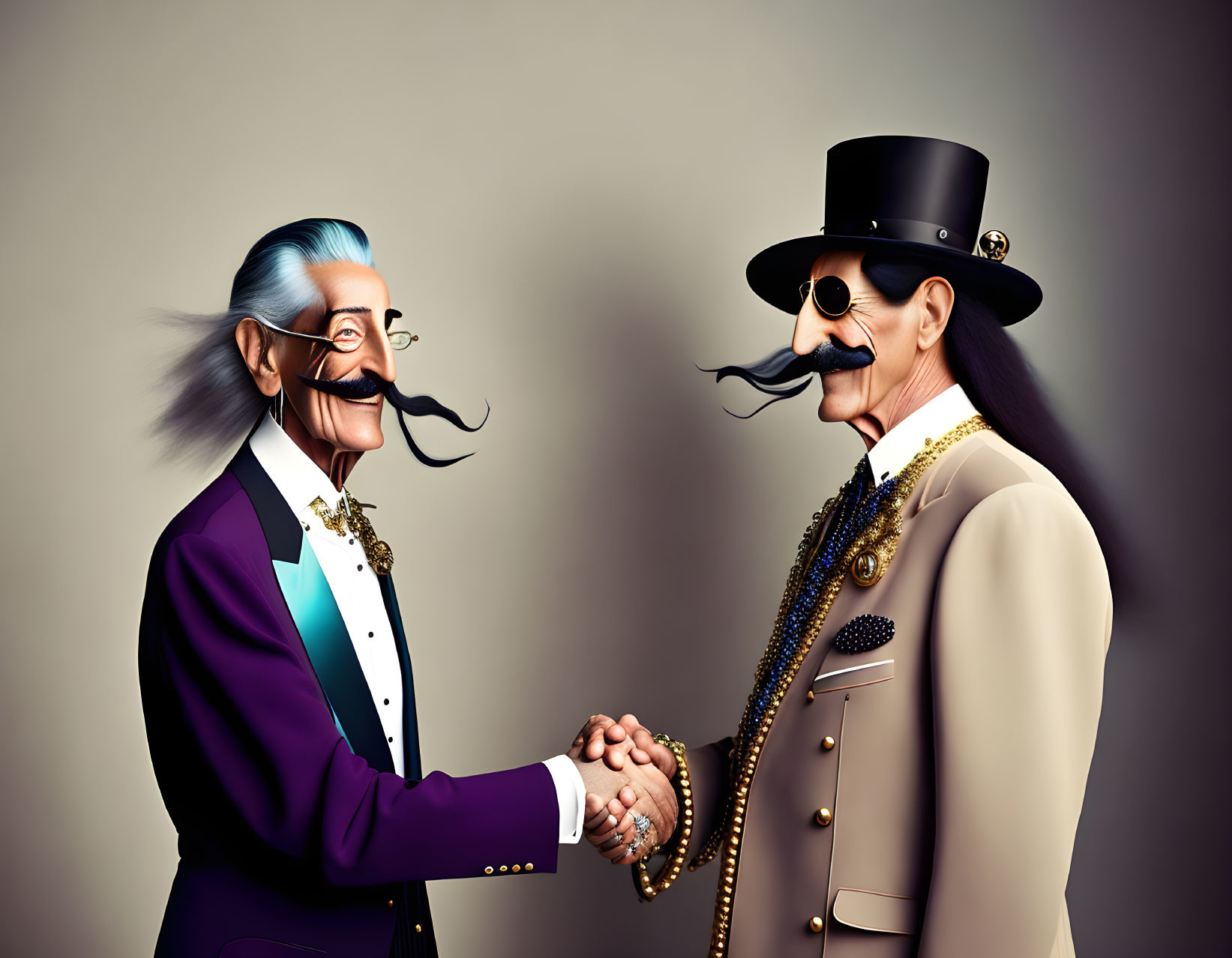 Stylized characters with exaggerated mustaches shaking hands in purple and white suits