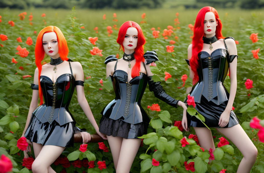 Three Women with Vibrant Red Hair in Gothic Outfits Among Red Flowers