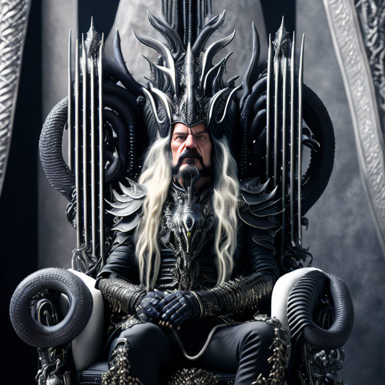 Bearded Figure in Ornate Black Armor on Throne with Spiky Adornments and Snake Mot