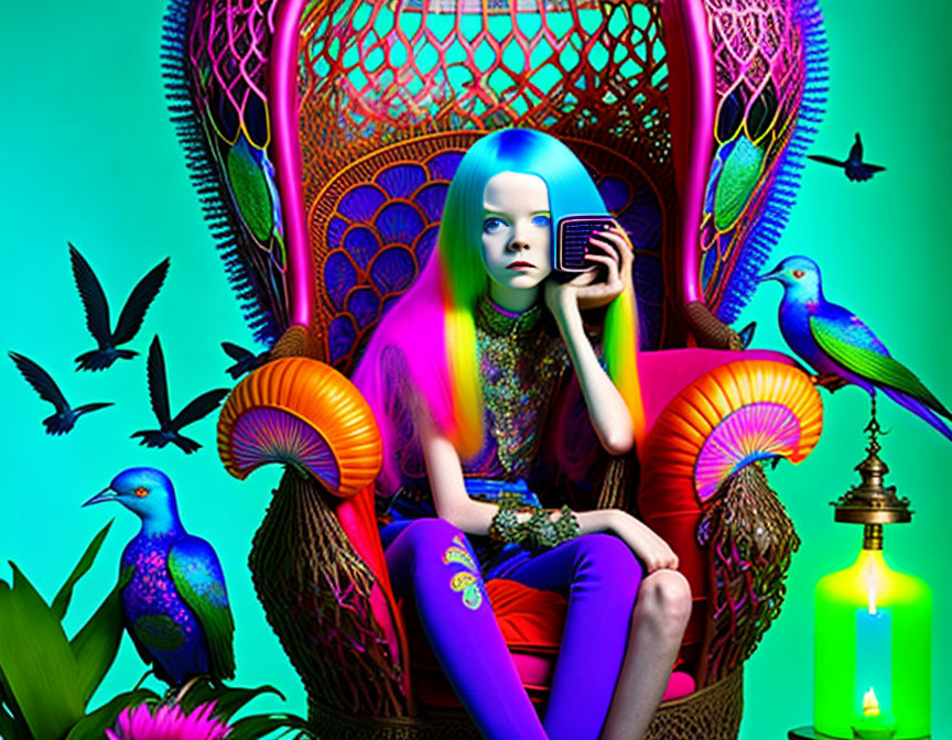 Colorful Person with Multicolored Hair on Throne Chair Surrounded by Birds and Fungi