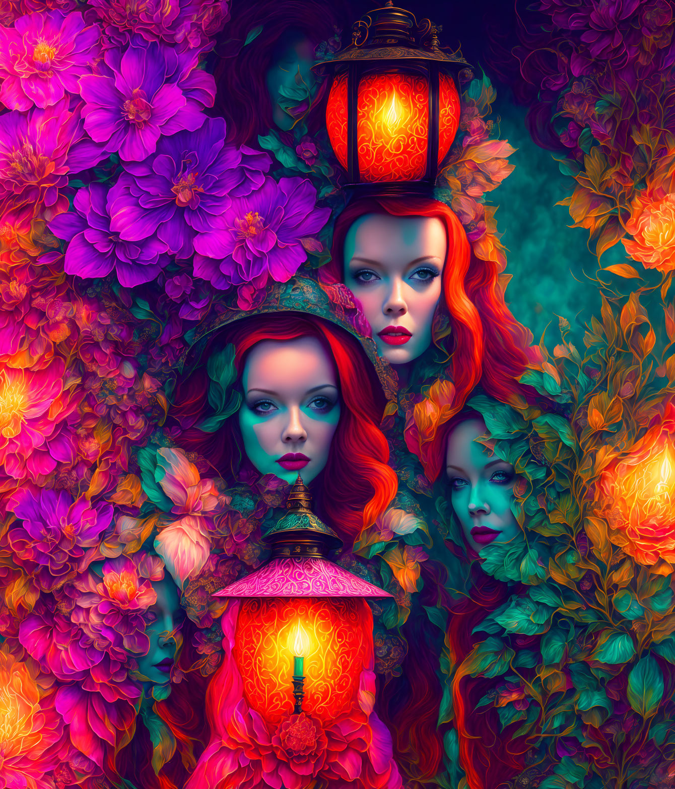 Colorful digital artwork: Women's faces with flowers and lanterns.