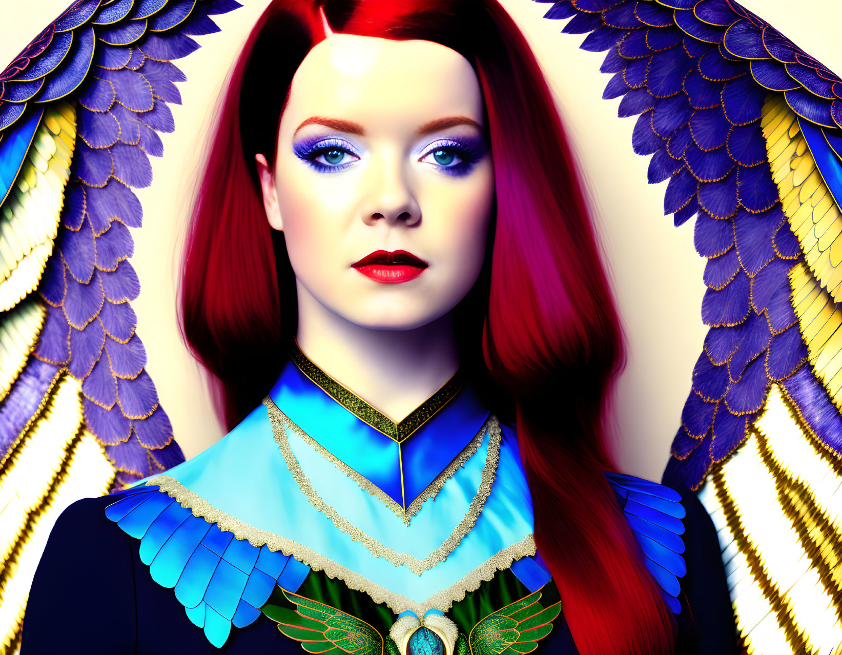 Colorful digital artwork of woman with red hair and blue eyes and bird wings