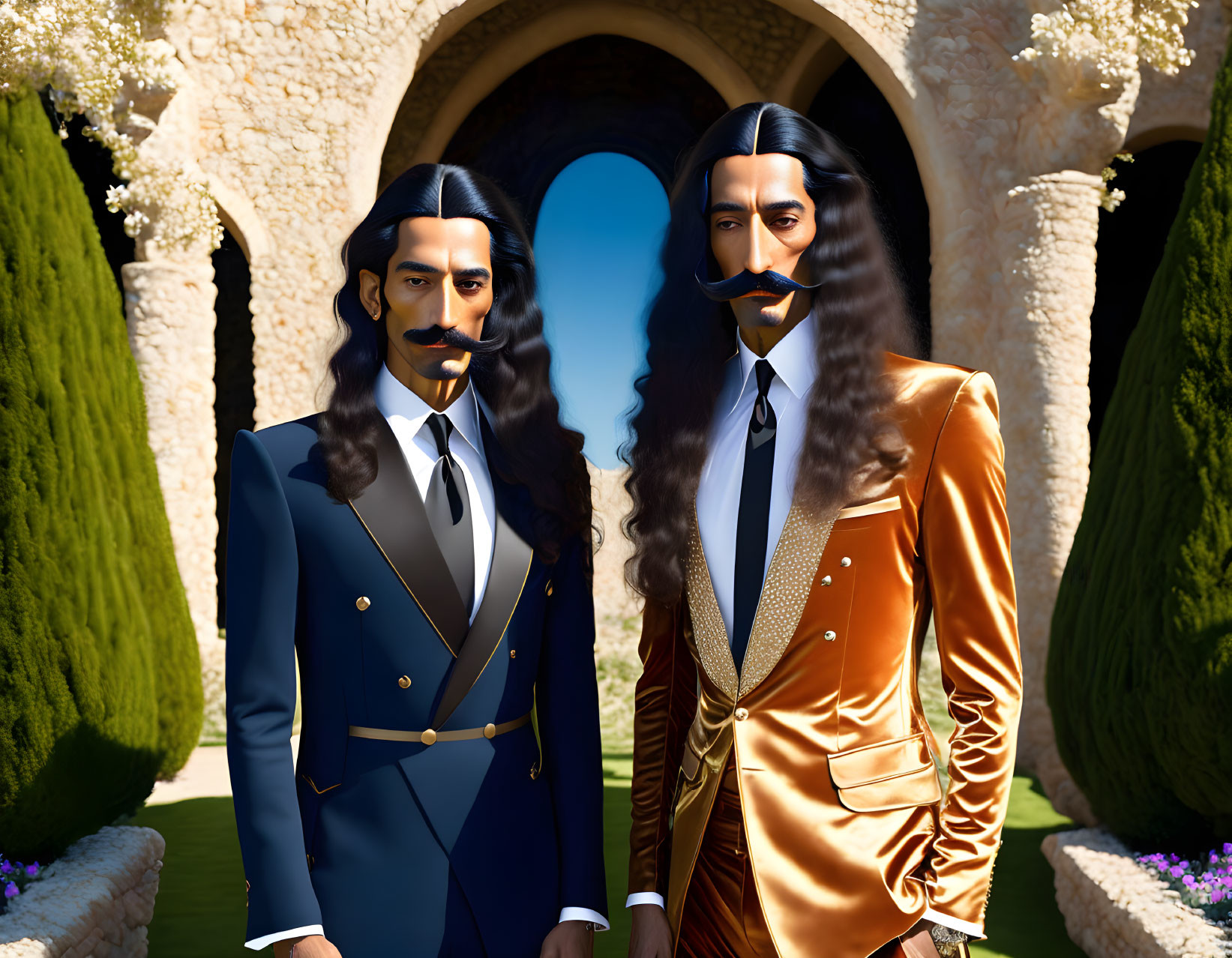 Luxuriously dressed animated men with prominent mustaches in a garden setting