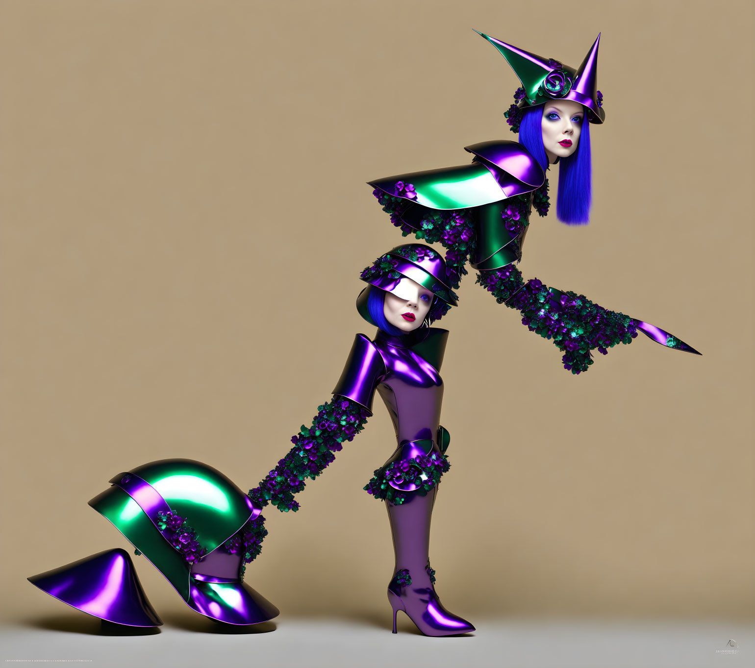 Futuristic digital artwork: stylized female figures in purple and green attire