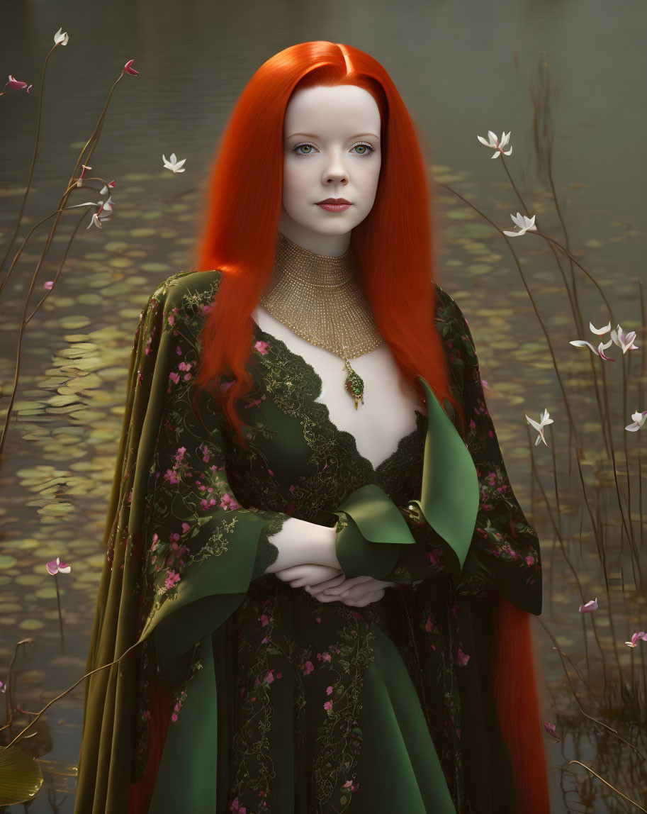 Red-haired woman in green medieval dress by pond with white flowers