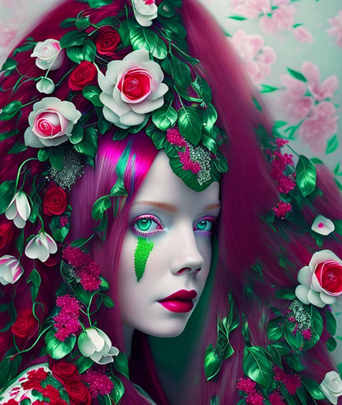Vibrant Pink Hair Portrait with Red Roses and Green Eye Makeup