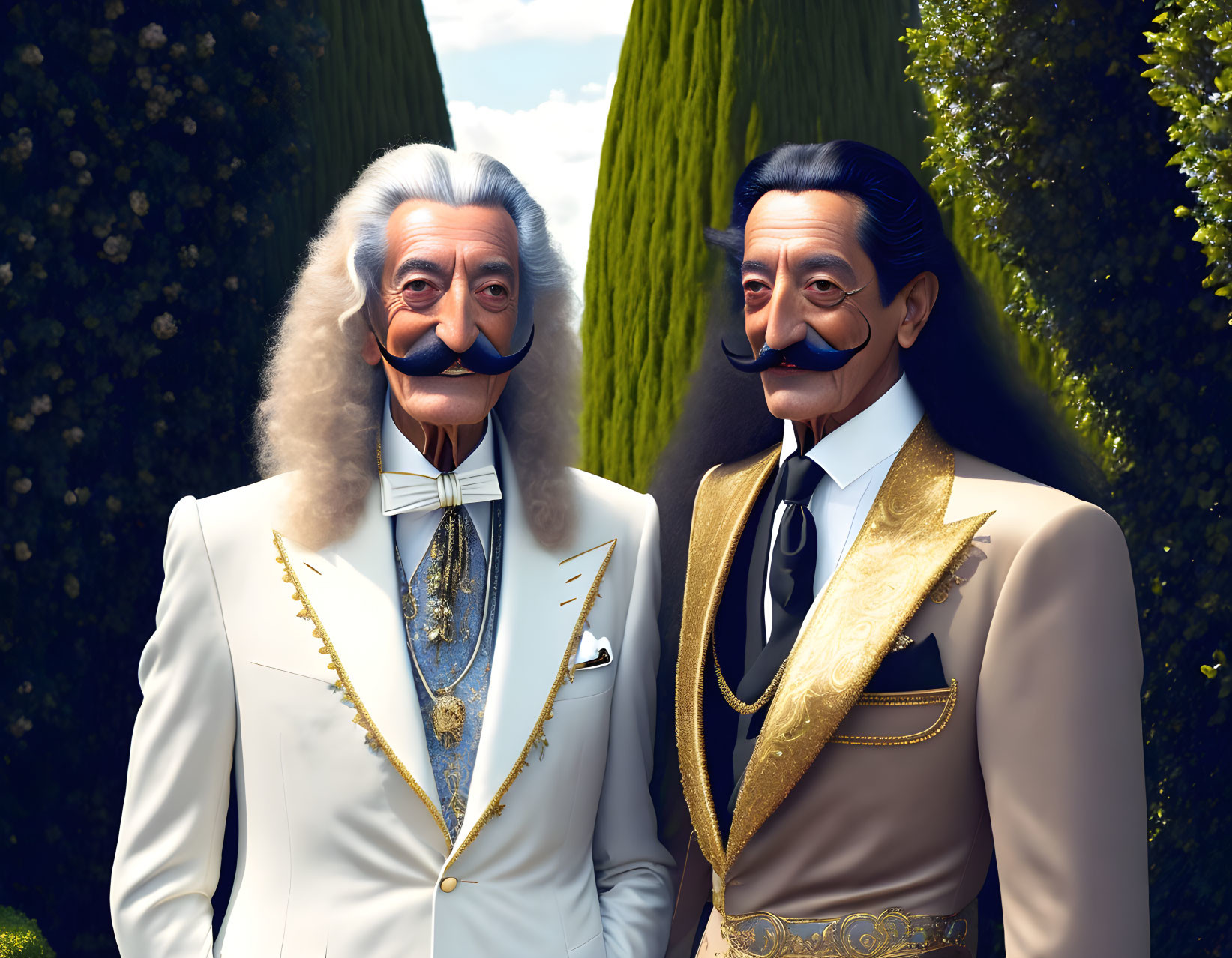 Elderly gentlemen in stylized white suits with golden accents by manicured hedges