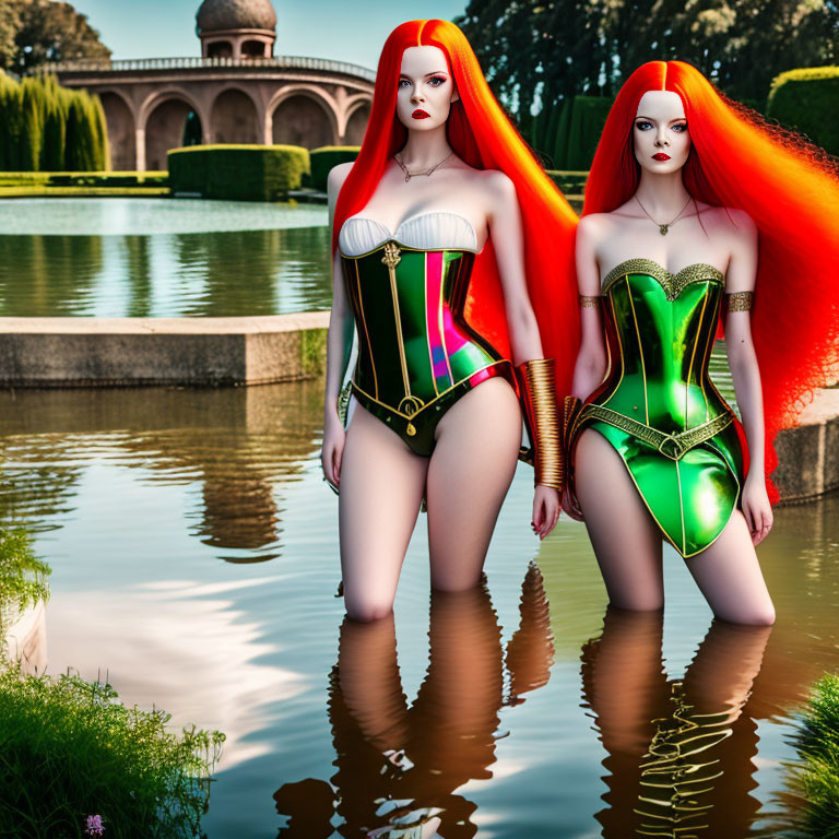Identical 3D-rendered female figures with red hair, colorful corsets, in garden by