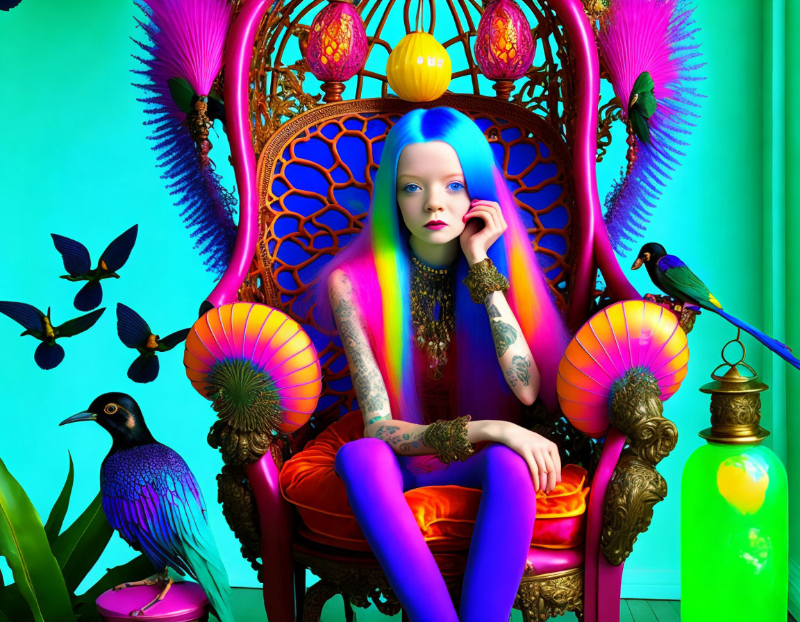 Colorful person with blue hair on ornate chair surrounded by birds and plants in surreal setting