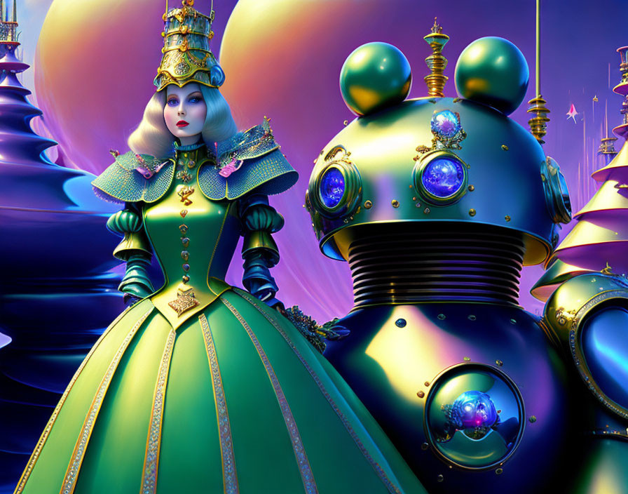 Regal woman in green dress with robotic figure on purple backdrop