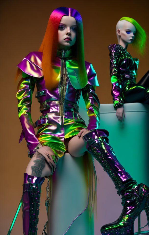 Futuristic metallic outfits on models with rainbow hair and platform boots