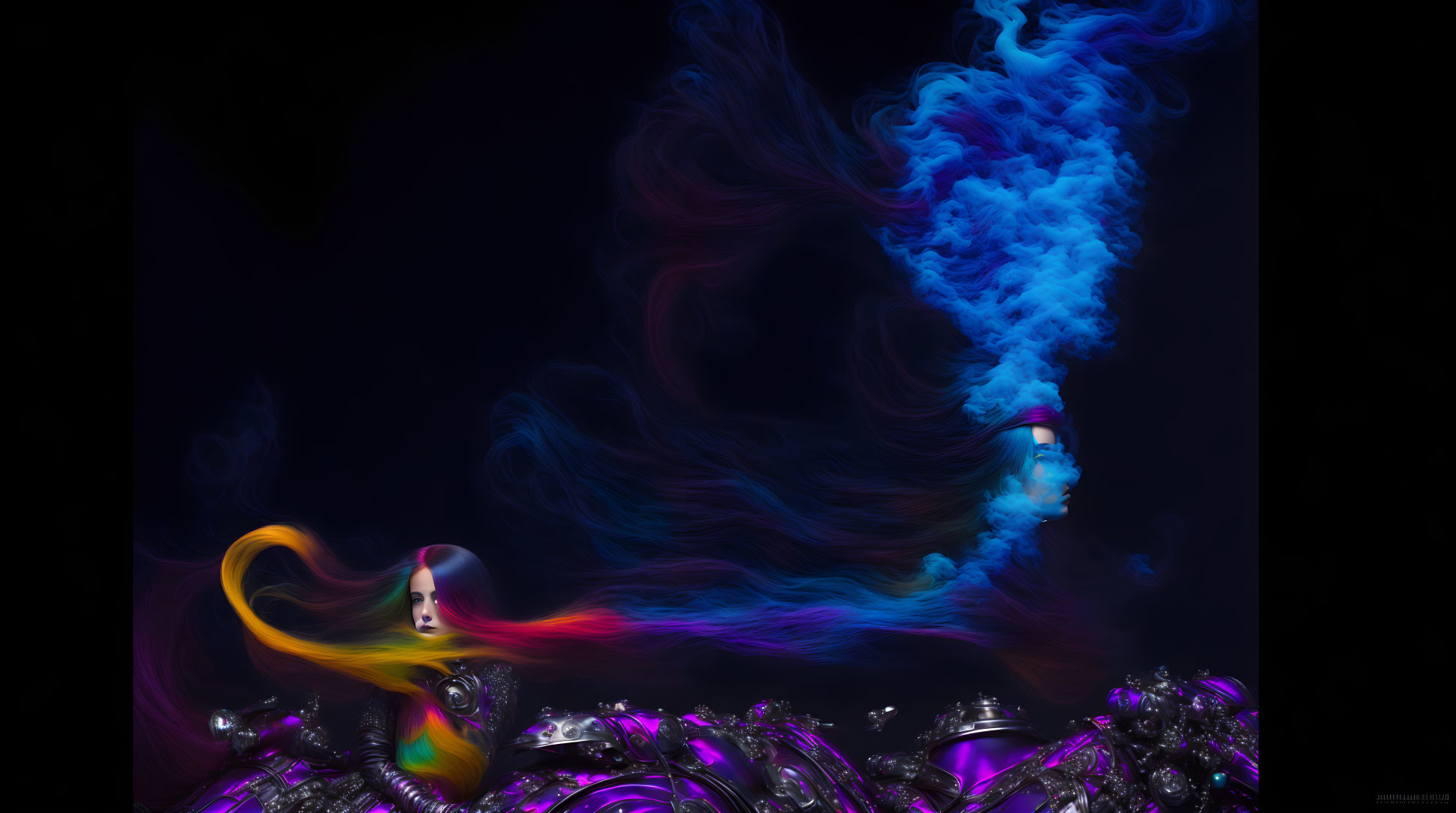 Colorful smoky design around stylized figure and metallic structures
