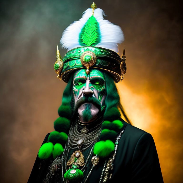 Vibrant emerald green genie in ornate attire against smoky amber backdrop