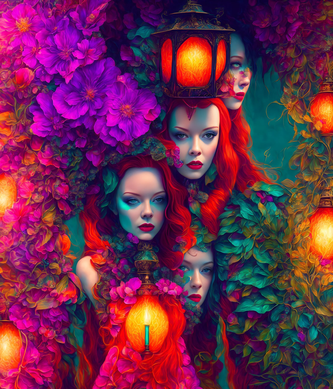 Artwork of three red-haired figures in a mystical setting with flowers and lanterns