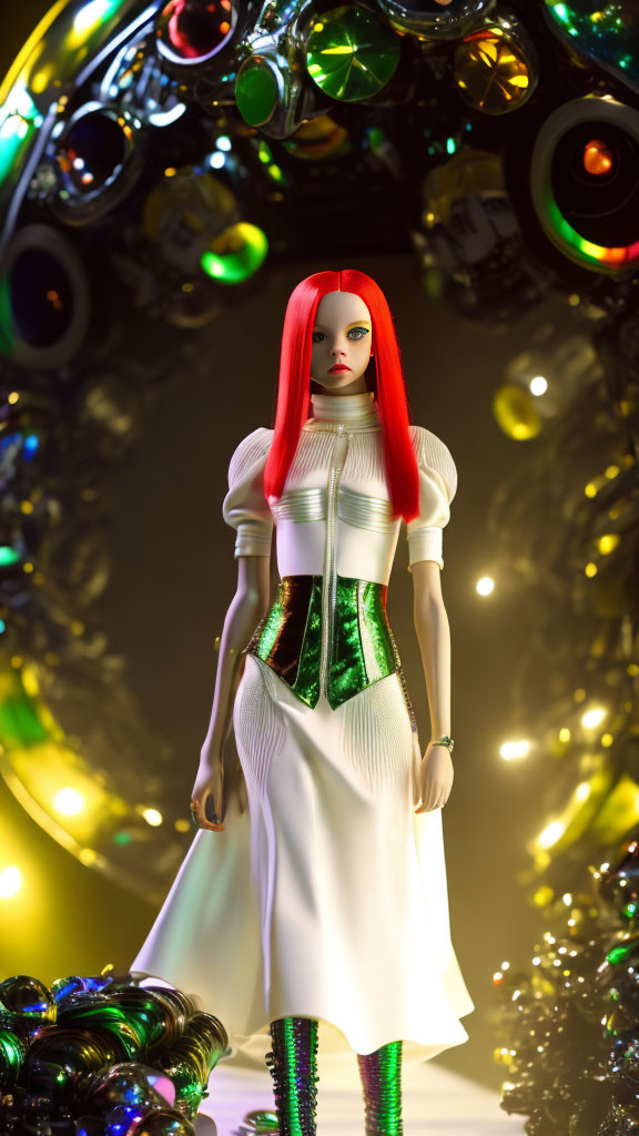 Red-haired doll in white and green costume against colorful lights.