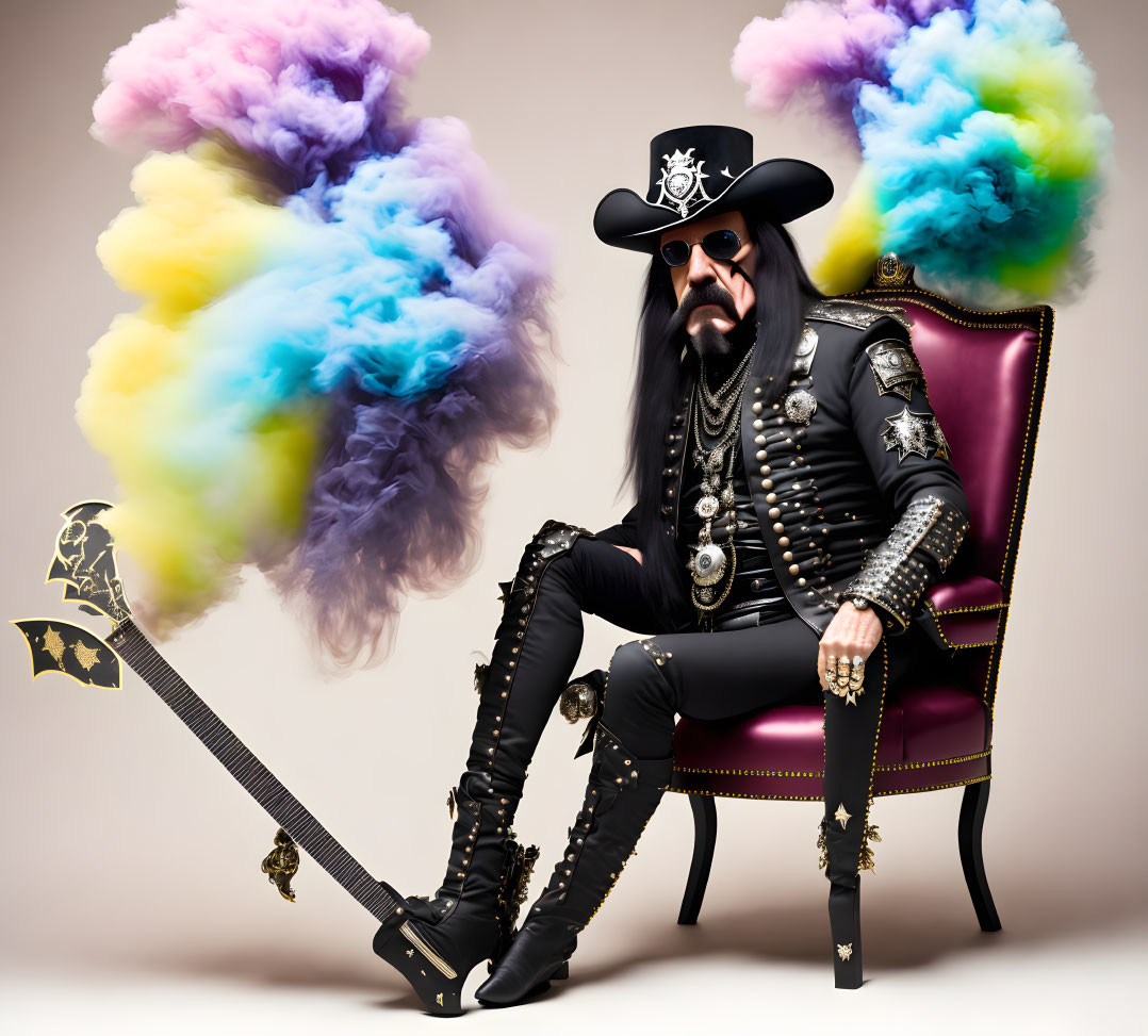 Bearded person in cowboy hat, sunglasses, leather jacket, boots on purple chair in colorful smoke clouds