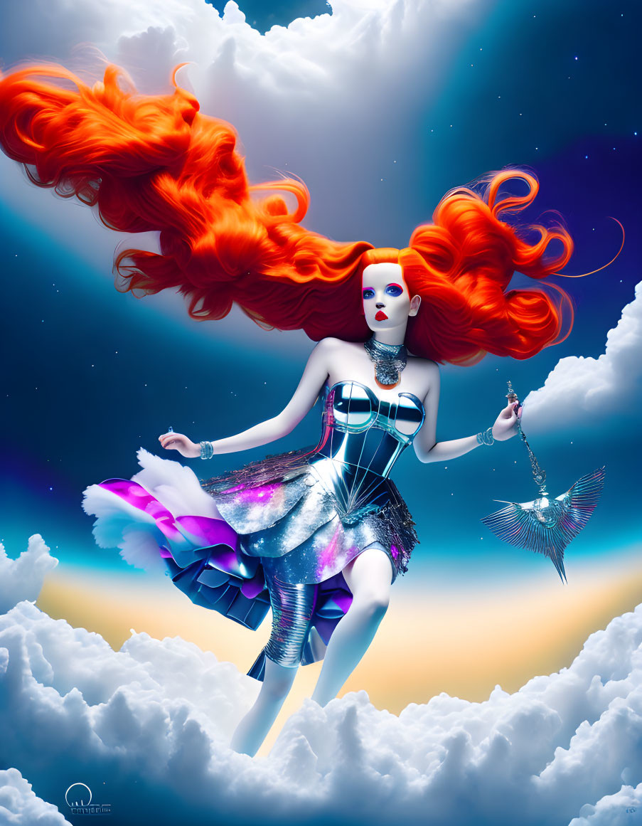Vibrant red-haired woman in cosmic dress with mechanical birdcage among clouds