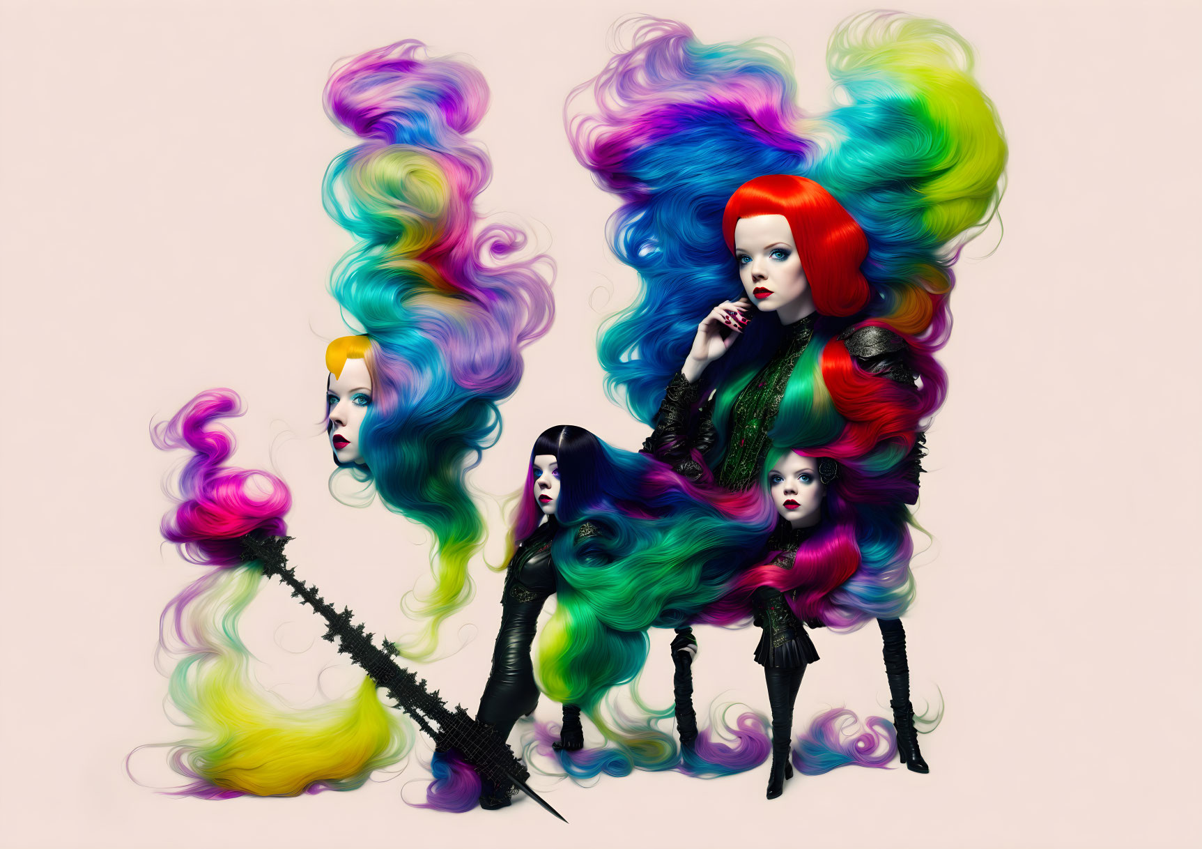 Four female figures with flowing hair merging in surrealistic image.