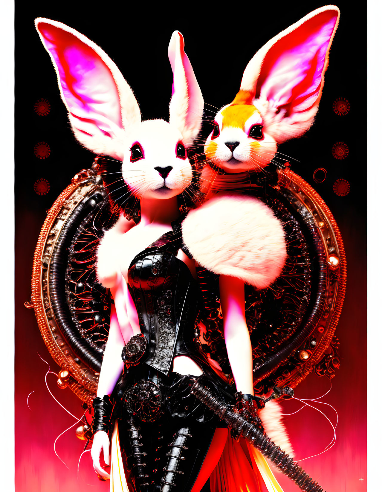 Humanoid figures with rabbit heads in black corsets and mechanical details on red backdrop.