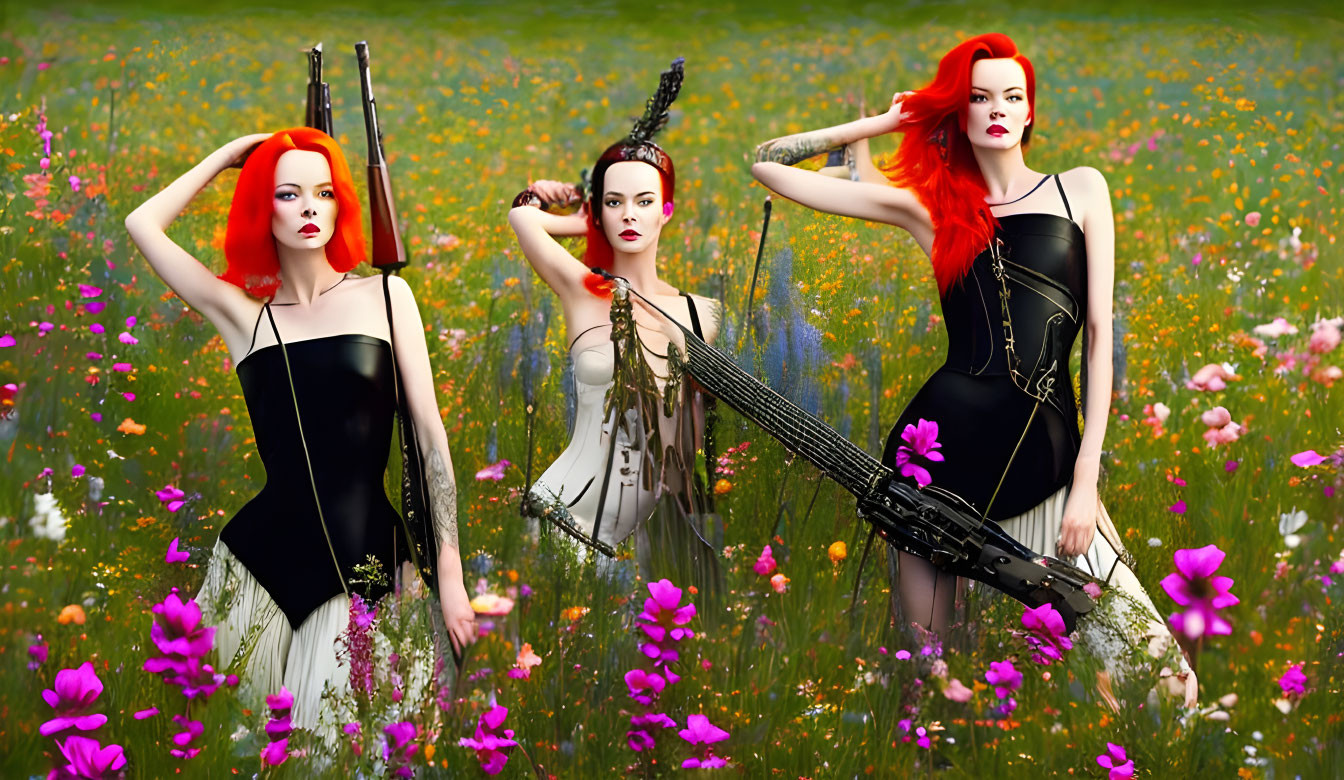 Three stylized women with vibrant red hair posing in elegant black and white attire with oversized black rifles in