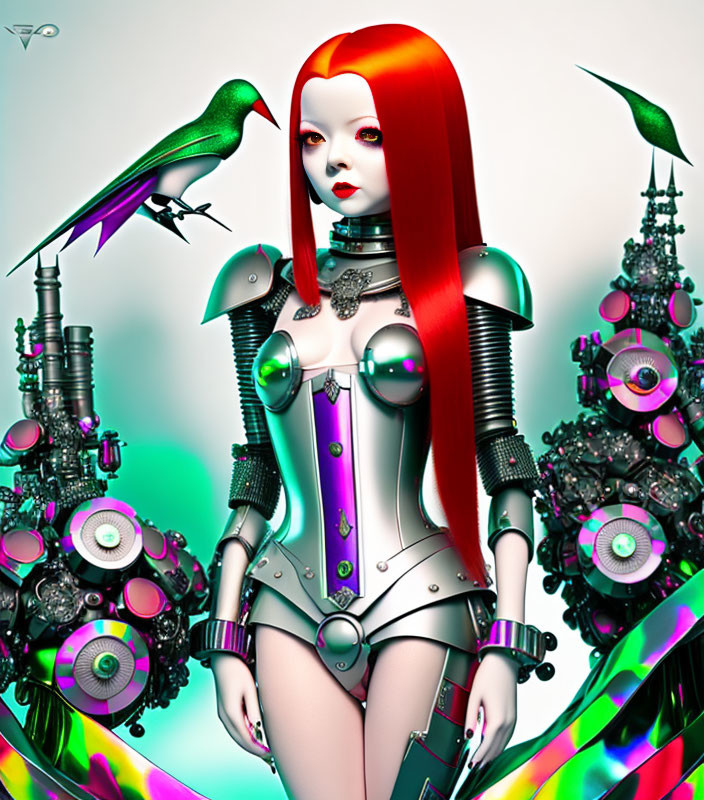 Digital artwork: Female figure with red hair, futuristic armor, hummingbirds, mechanical backdrop
