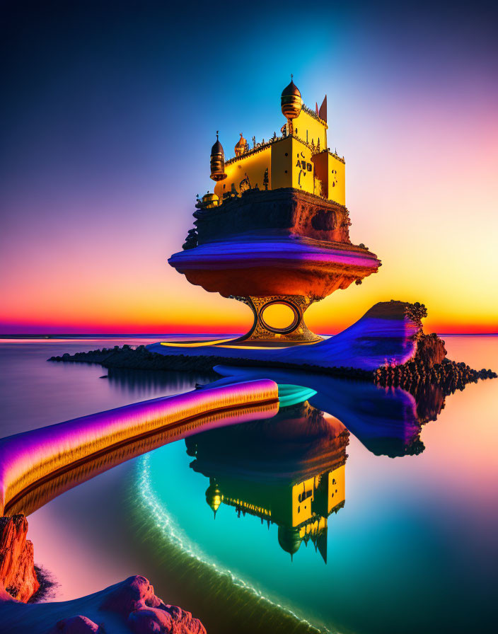 Eastern-style castle on floating rock above water at sunset